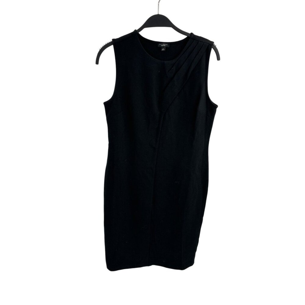 Talbots Womens 4 Black Sleeveless Sheath Dress Pleated Neckline Classic Workwear